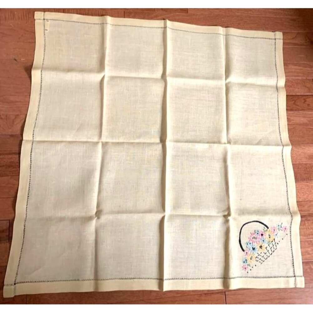 Yellow Linen Embroidered Flower Basket Vintage Tablecloth 34"x34" Cottagecore De